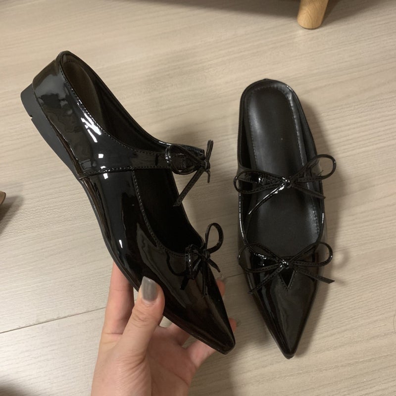 Double Bow Half-Slip Style With 5Cm Inner Height Increase For Small People, Mary Jane Shoes, Pointed Toe Patent Leather Half-Slip, Fashionable And Versatile - Image 5