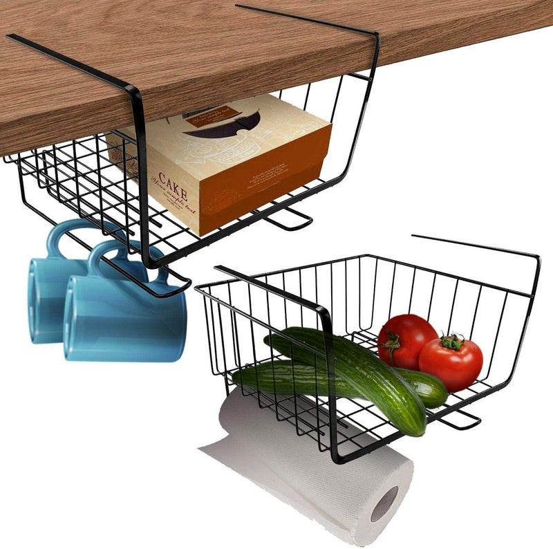 SHOWAY Rack Storage Organizer, with 2 Tier Hanging Rails 5 Hooks and Basket for Kitchen Cookware Utensils Under Shelf Holder, Assorted colors - Image 4