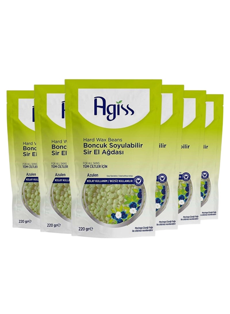 Agiss Hard Wax Beans for Painless Hair Removal - Azulen Formula with Moringa Oil - Peel-Off Stripless Wax Beads for All Skin Types, Face, Body, Bikini - 220g Per Pack (Pack of 6) - Image 1