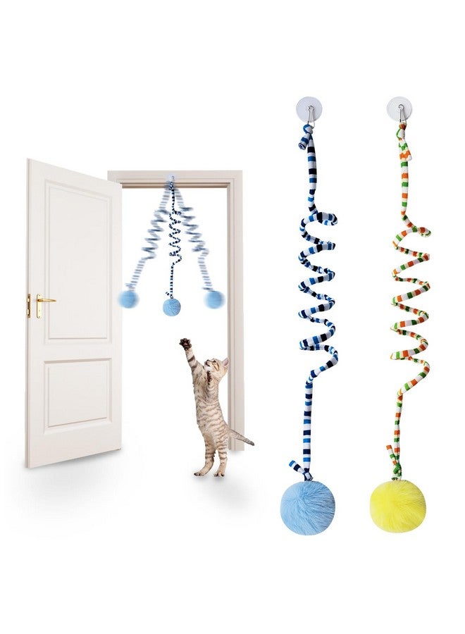 Andiker Cat Spring Toy, Self-Play Stretchable Door Hanging Cat Toy with Bell for Indoor Interactive Cat Toy, Soft Plush Ball with Spring Kitten Toy for Cat Kitten Playing Exercising (Yellow+Blue) - Image 1