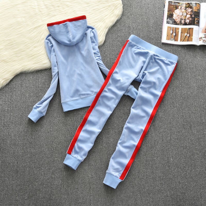 2021 Spring Gold Silk Velvet Sports Suit Fashion Color Block Brace Casual Hood Slim-Fit Two-Piece Fashionable Set - Image 1