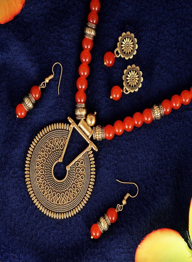 JFL - Jewellery for Less Fashionable Gold Plated Oxidized German Key Hole Beaded Necklace with 2 pair of Earrings Set for Women and Girls(Orange),Valentine - Image 2