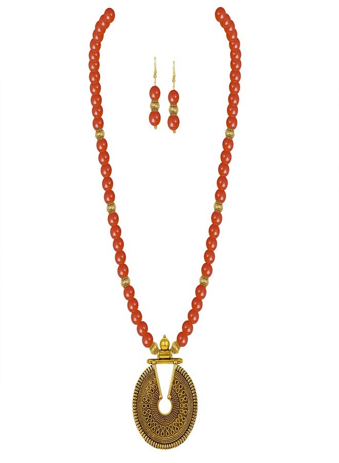 JFL - Jewellery for Less Fashionable Gold Plated Oxidized German Key Hole Beaded Necklace with 2 pair of Earrings Set for Women and Girls(Orange),Valentine - Image 5