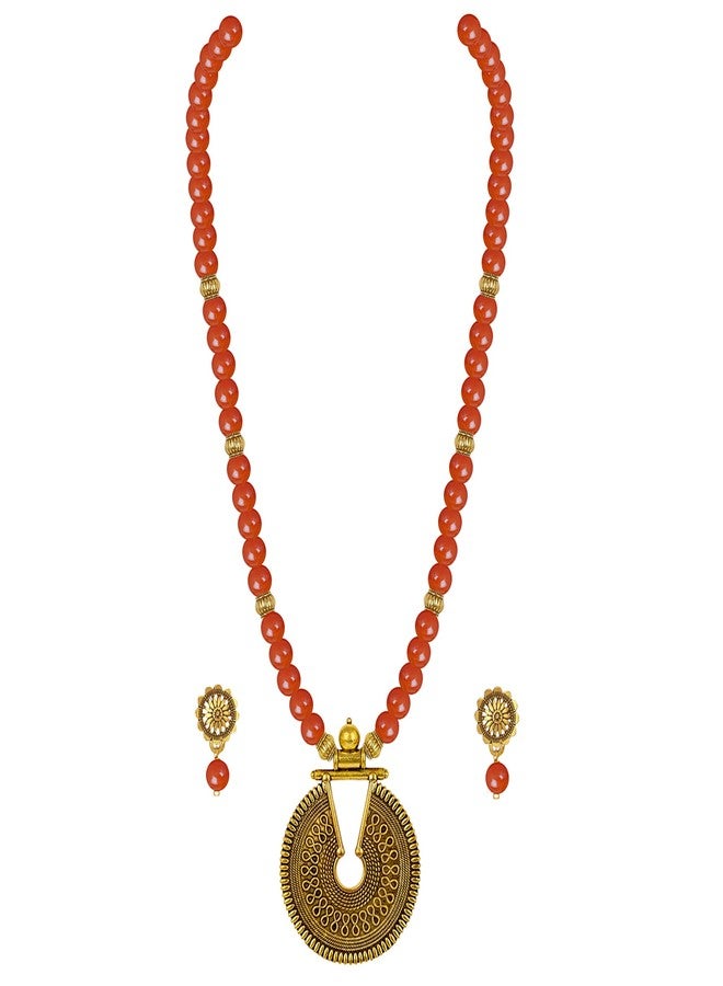 JFL - Jewellery for Less Fashionable Gold Plated Oxidized German Key Hole Beaded Necklace with 2 pair of Earrings Set for Women and Girls(Orange),Valentine - Image 4