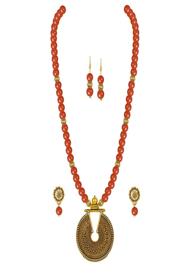 JFL - Jewellery for Less Fashionable Gold Plated Oxidized German Key Hole Beaded Necklace with 2 pair of Earrings Set for Women and Girls(Orange),Valentine - Image 3