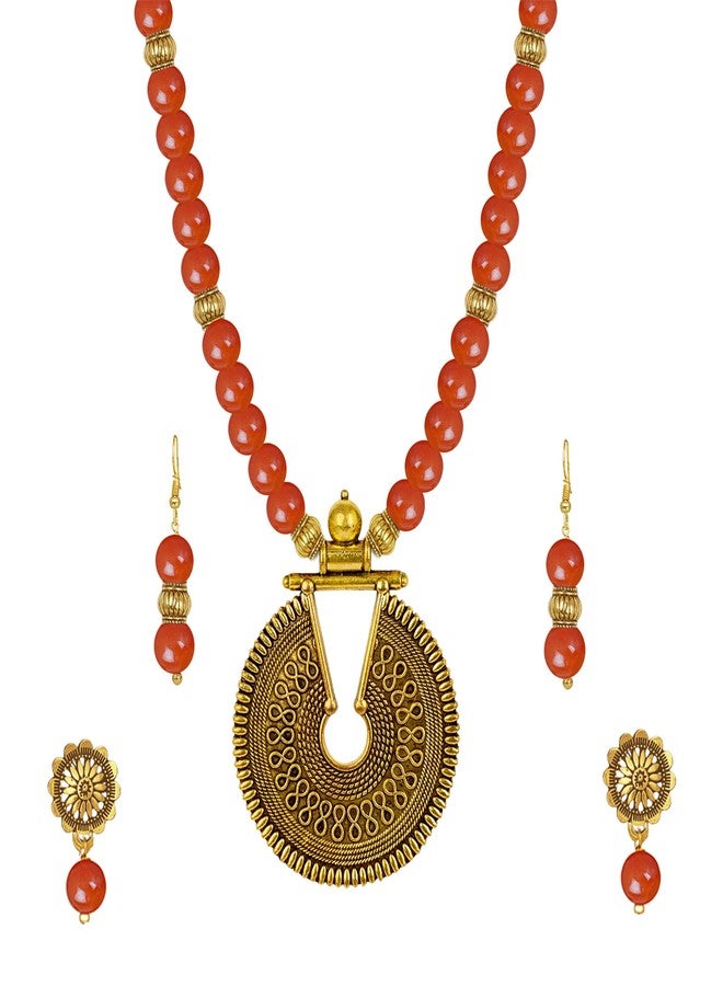 JFL - Jewellery for Less Fashionable Gold Plated Oxidized German Key Hole Beaded Necklace with 2 pair of Earrings Set for Women and Girls(Orange),Valentine - Image 1