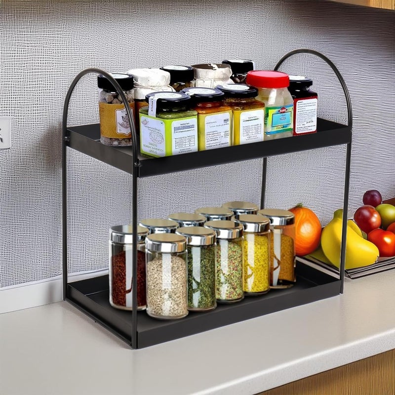 Niyara Iron Metal Heavy Duty Stand 2Tier multistorageMultipurpose Standing Rack Bathroom Countertop Storage Shelf Cosmetic Organizer Holder Kitchen Spice Rack Round Black - Image 1