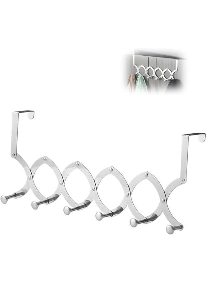 PROMASS promass Over The Door Hooks - 6 Hooks Over The Door Hanger Stainless Steel Telescopic Folding Expandable for Towel Racks Bathroom Kitchen Bedroom Hanging Clothes Hat Towel (Silvery White)  - Image 1