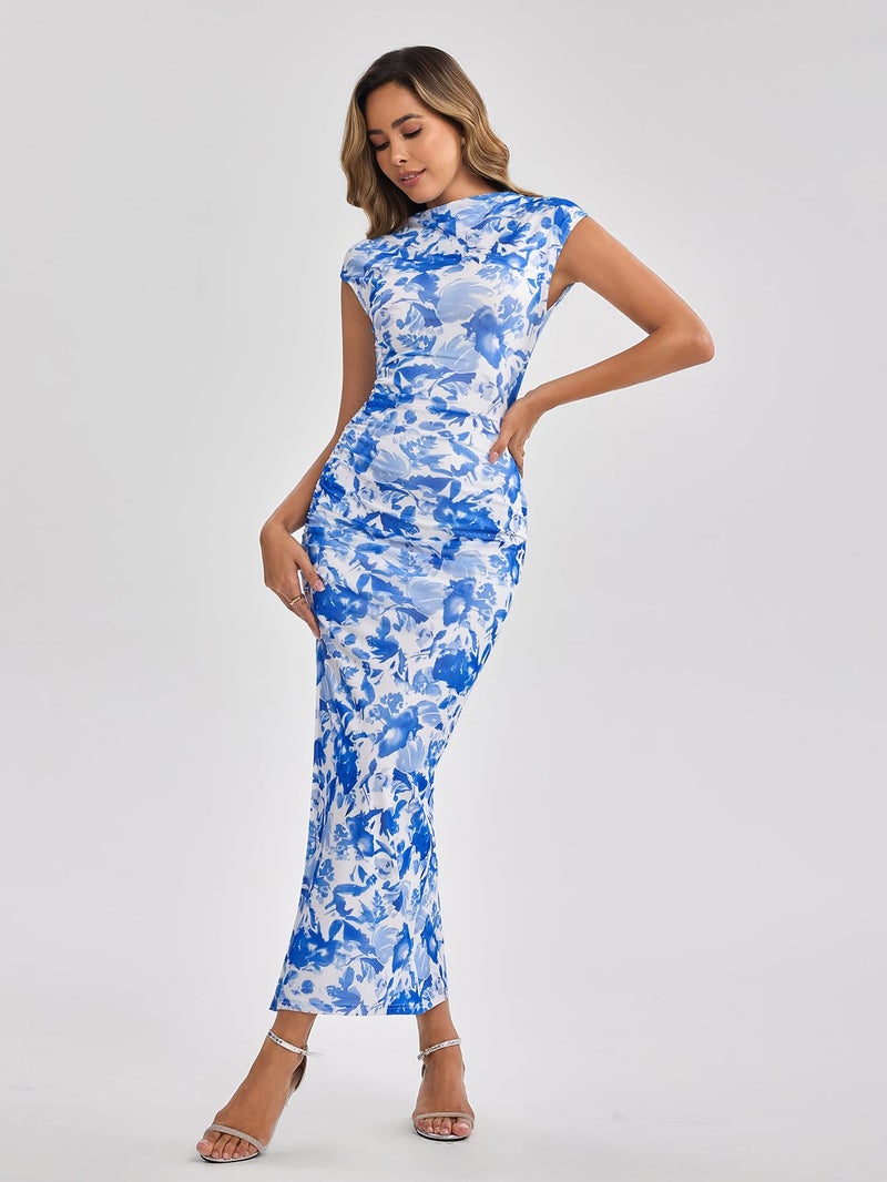HTZMO Women Summer Floral Bodycon Maxi Dress Ruched Cap Sleeve Wedding Guest Formal Party Elegant Long Dresses Blue M - Image 3