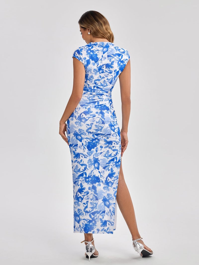 HTZMO Women Summer Floral Bodycon Maxi Dress Ruched Cap Sleeve Wedding Guest Formal Party Elegant Long Dresses Blue M - Image 2