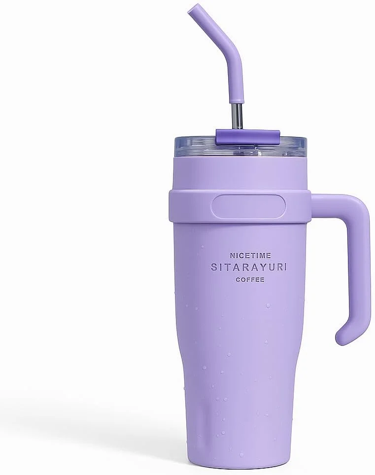 موبكوس كوب سفر معزول ومقاوم للتسرب مع غطاء وقشة، سعة 40 أونصة من الفولاذ المقاوم للصدأ، مزود بمقبض، مع غطاء وقشة، قابل لإعادة الاستخدام بجدار مزدوج ومفرغ للمشروبات الساخنة والباردة، مناسب للأولاد والبنات في الهواء الطلق (أرجواني)