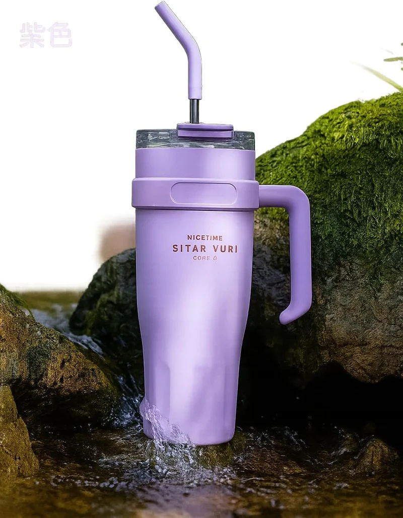 موبكوس كوب سفر معزول ومقاوم للتسرب مع غطاء وقشة، سعة 40 أونصة من الفولاذ المقاوم للصدأ، مزود بمقبض، مع غطاء وقشة، قابل لإعادة الاستخدام بجدار مزدوج ومفرغ للمشروبات الساخنة والباردة، مناسب للأولاد والبنات في الهواء الطلق (أرجواني)