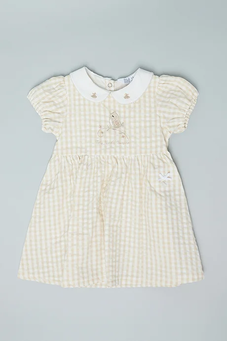 أر أند بي Checked Flared Dress with Peter Pan Collar and Puff Sleeves