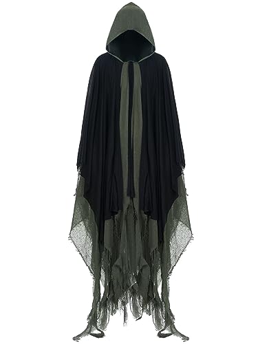 Geyoga Halloween Grim Reaper Costume Halloween Scary Cloak Witch Costume Hooded Cape for Adult Cosplay Props(Dark Green,L) - Image 1