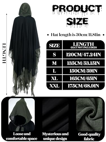 Geyoga Halloween Grim Reaper Costume Halloween Scary Cloak Witch Costume Hooded Cape for Adult Cosplay Props(Dark Green,L) - Image 3