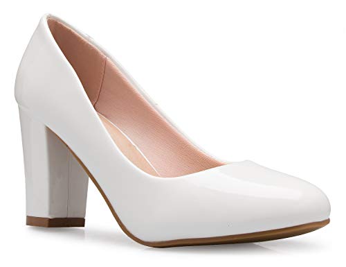 Olivia K Women's Classic Round-Toe Platform Pumps High Block Heel - Adorable, Comfortable White Patent - Image 5