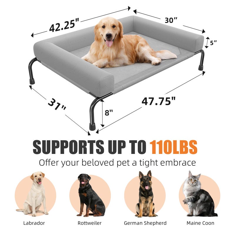 Simple Trending Elevated Dog Bed for Large Dogs, Cooling Raised Dog Cot with Bolsters, Breathable Pet Bed for Outdoor, 47.75" x 31", Grey - Image 5