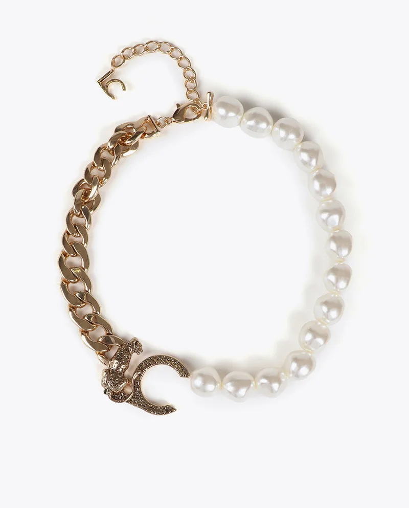 Lola Casademunt Short Leopard Logo Necklace with Chains and Pearls