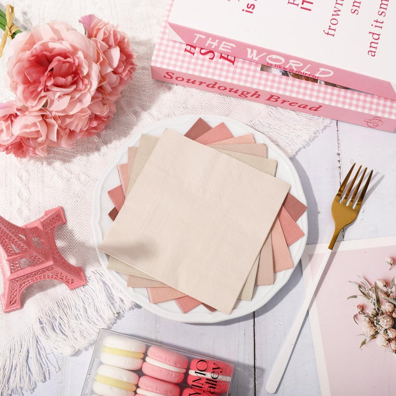 Whaline مناديل كوكتيل وردية داكنة من واهلين 120 قطعة 6 ألوان متدرجة من المناديل الورقية الوردية والعارية والبيضاء الحليبية للاستخدام مرة واحدة لمناسبات عيد الحب وحفلات الزفاف وحفلات استقبال المواليد - Image 2