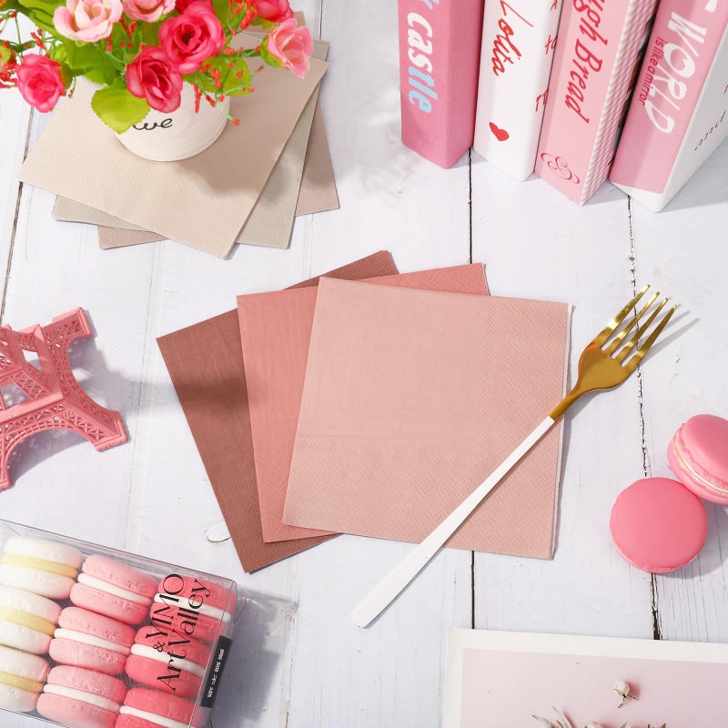 Whaline مناديل كوكتيل وردية داكنة من واهلين 120 قطعة 6 ألوان متدرجة من المناديل الورقية الوردية والعارية والبيضاء الحليبية للاستخدام مرة واحدة لمناسبات عيد الحب وحفلات الزفاف وحفلات استقبال المواليد - Image 3