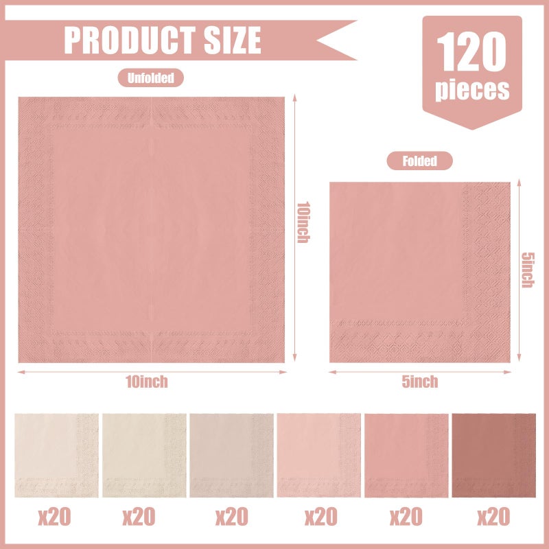 Whaline مناديل كوكتيل وردية داكنة من واهلين 120 قطعة 6 ألوان متدرجة من المناديل الورقية الوردية والعارية والبيضاء الحليبية للاستخدام مرة واحدة لمناسبات عيد الحب وحفلات الزفاف وحفلات استقبال المواليد - Image 1