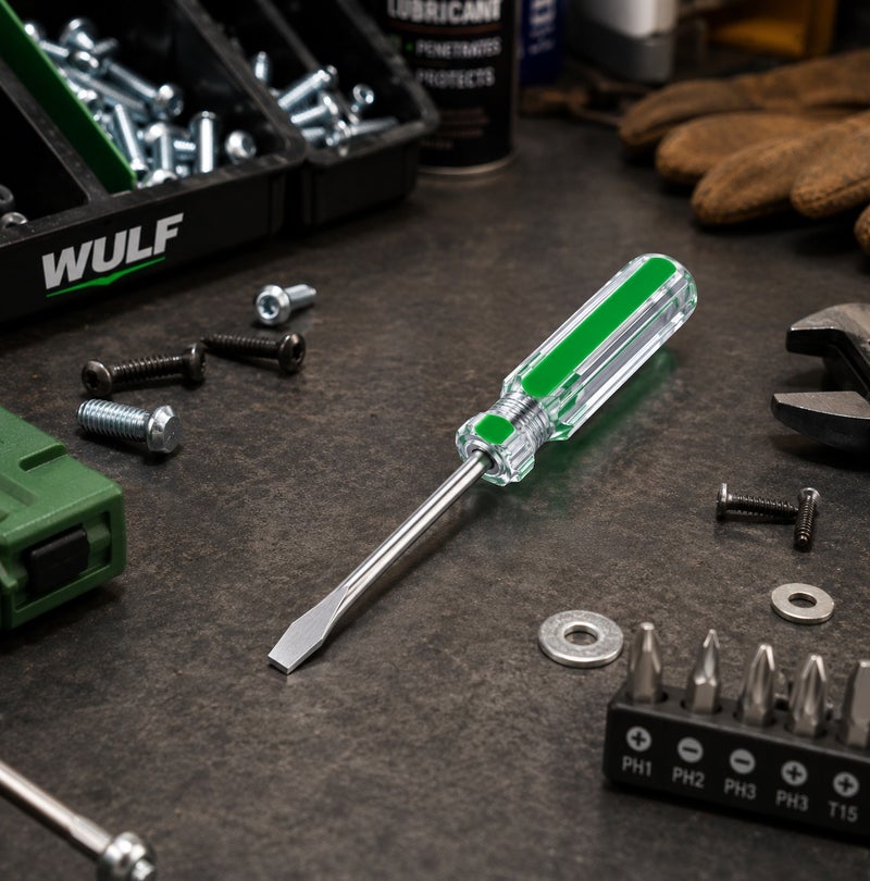 WULF 4-Inch Slotted Screwdriver with Ergonomic Crystal Green Handle, Premium Hardened Steel Flat Head Blade for Precision Fastening, Electrical Repair, DIY & Professional Home Maintenance Hand Tool - Image 4