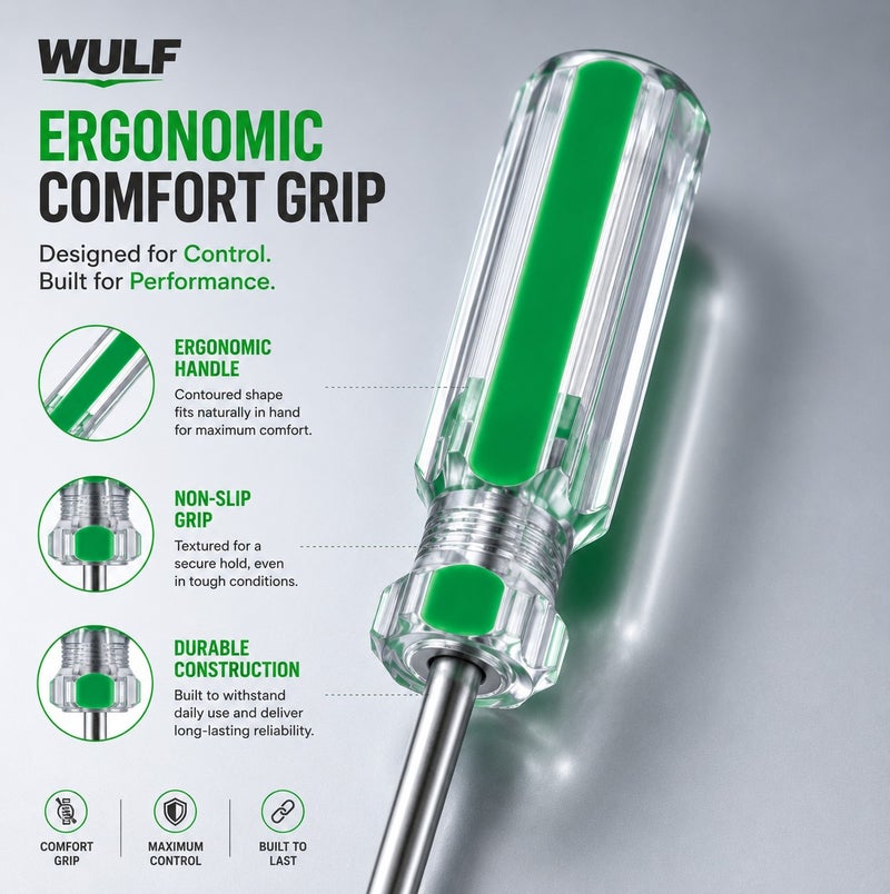 WULF 4-Inch Slotted Screwdriver with Ergonomic Crystal Green Handle, Premium Hardened Steel Flat Head Blade for Precision Fastening, Electrical Repair, DIY & Professional Home Maintenance Hand Tool - Image 2