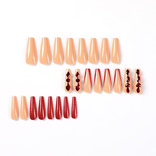 MERVF Red French Tip Press on Nails Long Coffin Fake Nails Luxury Ballerina Glue ons with Rhinestones Designs Acrylic 24pcs Glossy False Nail - Image 5