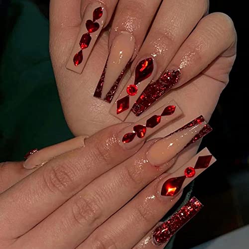 MERVF Red French Tip Press on Nails Long Coffin Fake Nails Luxury Ballerina Glue ons with Rhinestones Designs Acrylic 24pcs Glossy False Nail - Image 2