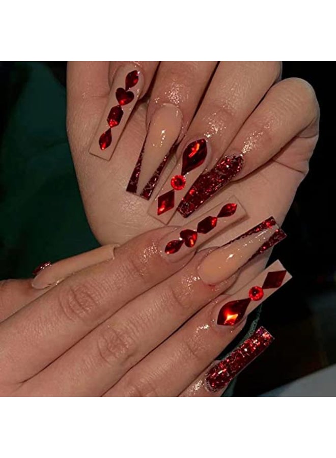 MERVF Red French Tip Press on Nails Long Coffin Fake Nails Luxury Ballerina Glue ons with Rhinestones Designs Acrylic 24pcs Glossy False Nail - Image 1