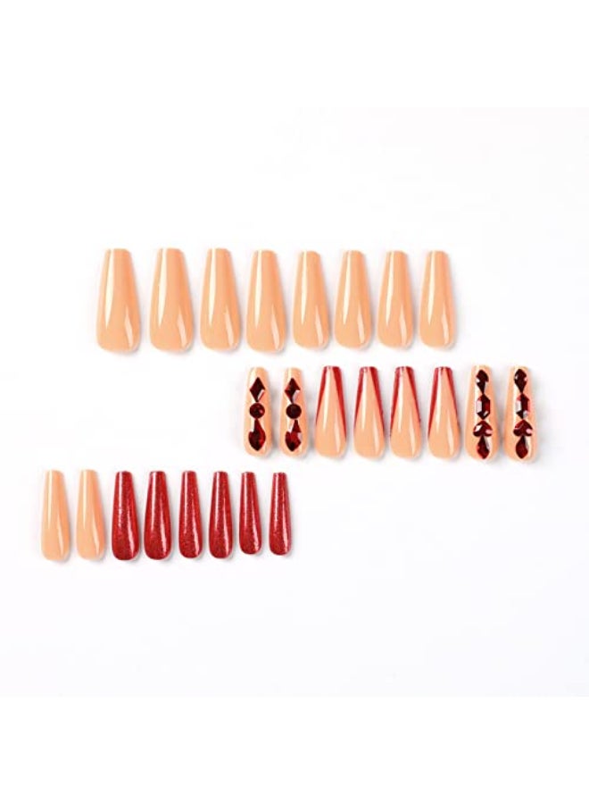 MERVF Red French Tip Press on Nails Long Coffin Fake Nails Luxury Ballerina Glue ons with Rhinestones Designs Acrylic 24pcs Glossy False Nail - Image 4