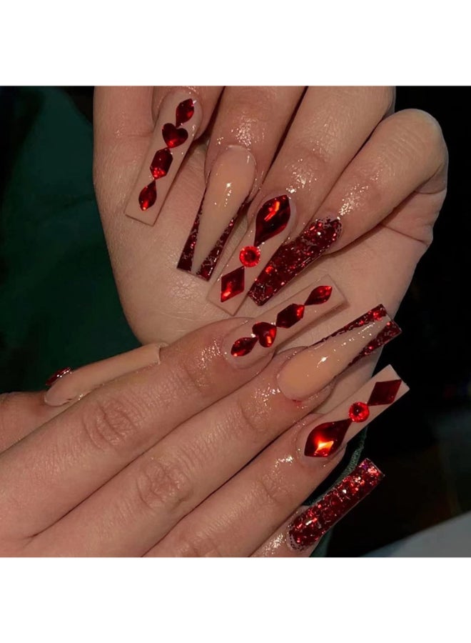 MERVF Red French Tip Press on Nails Long Coffin Fake Nails Luxury Ballerina Glue ons with Rhinestones Designs Acrylic 24pcs Glossy False Nail - Image 3