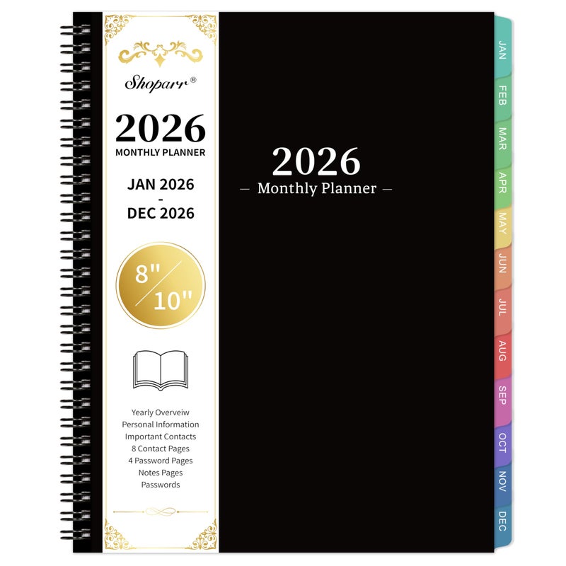 Shoparr 2026 Monthly Planner - JAN. 2026 - DEC. 2026, 2026 Planner with Colorful Tabs, 8" x 10", Monthly Planner/Calendar 2026 with Contacts, Back Pocket, Thick Paper, Twin-Wire Binding - Waterproof Cover - Image 1