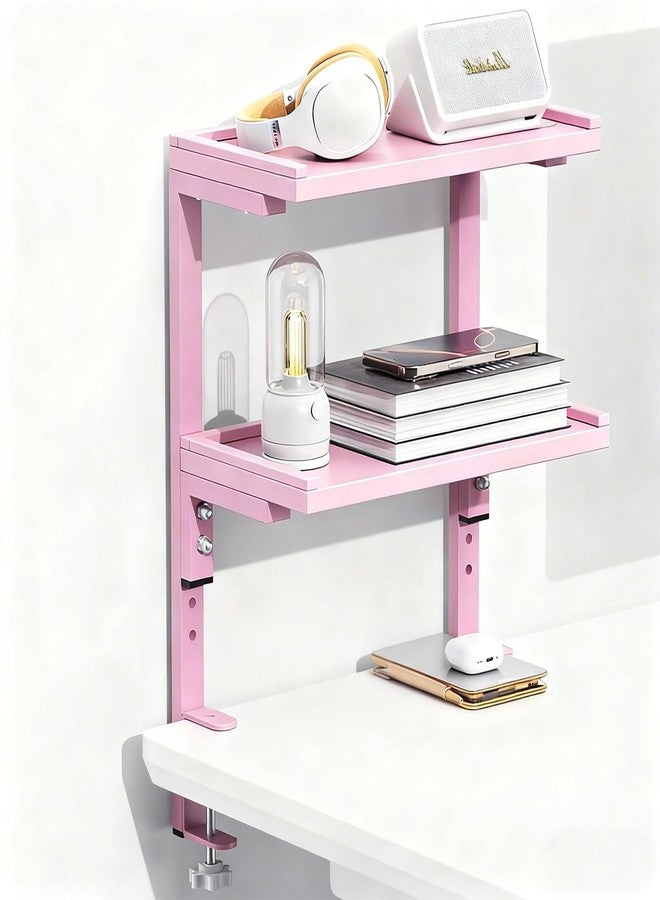 Spacrea clamp on Desk Shelf, 2 Tier Office Desk Shelves Organizer, Wood Desktop Supplies Storage Rack, Desk Organizers and Accessories (Pink) - Image 1