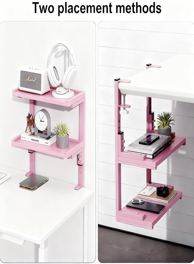 Spacrea clamp on Desk Shelf, 2 Tier Office Desk Shelves Organizer, Wood Desktop Supplies Storage Rack, Desk Organizers and Accessories (Pink) - Image 3