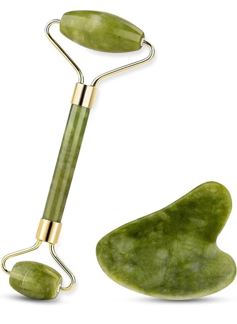 طقم رولر اليشم الطبيعي المزدوج مع حجر غوا شا لتدليك الوجه والعناية بالبشرة – يعزز الكولاجين ويقلل الانتفاخ والتجاعيد – إشراقة فورية ومظهر مشدود ونضارة طبيعية يومية-لون زيتي فاتح او غامق - Image 1