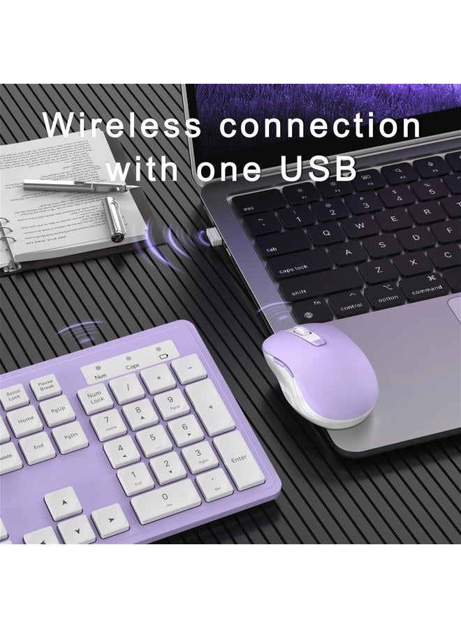 MPTOG Wireless Keyboard and Mouse Combo, Full-Size 104-Key Office Keyboard with 15 Function Keys, Numeric Keypad, Single USB Receiver, Compatible with PC and Laptop(Purple White) - Image 4
