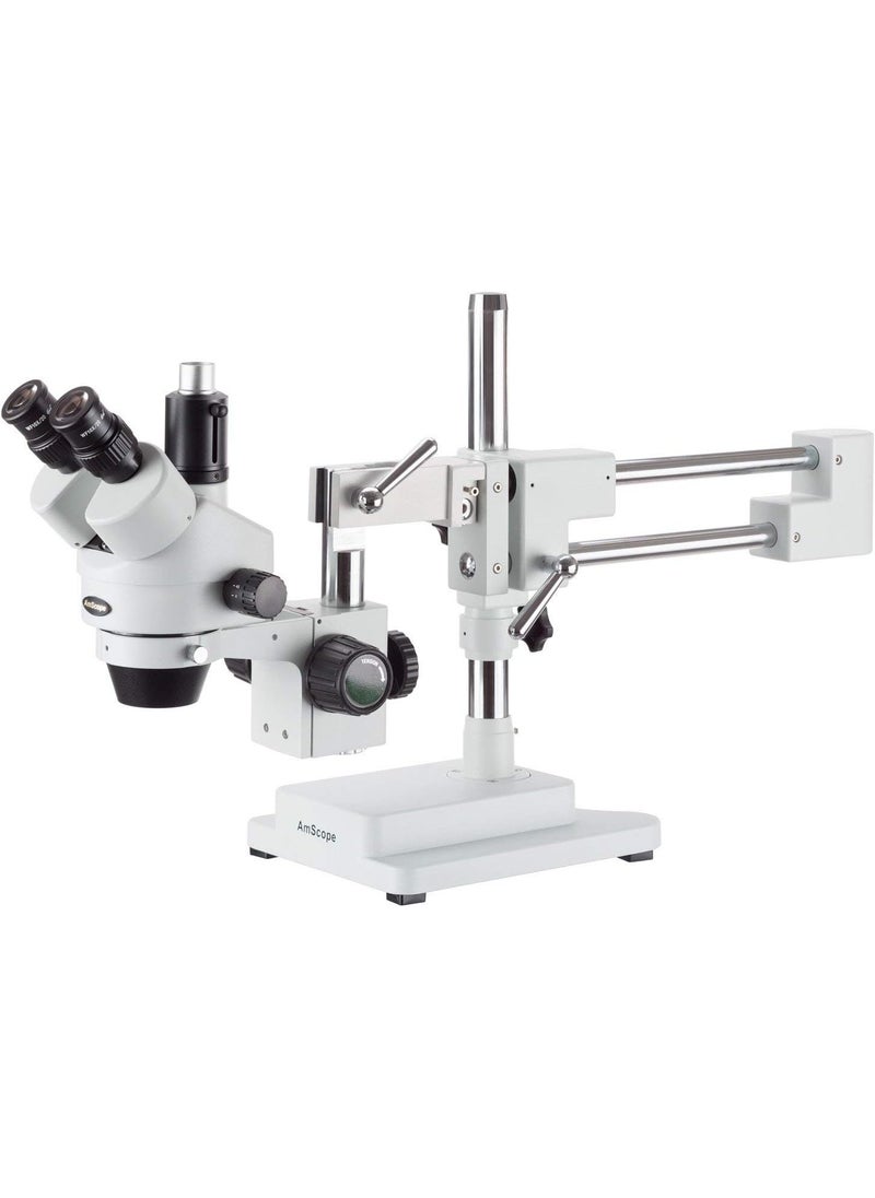 AmScope AmScope SM4TPZ Professional Trinocular Stereo Zoom Microscope with Simultaneous Focus Control WH10x Eyepieces 35X90X Magnification 07X45X Zoom Objective Ambient Lighting DoubleArm Boom Stand Includes 05X and 20X Barlow Lens  - Image 1