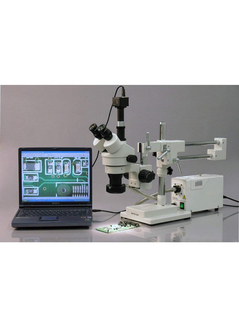 AmScope AmScope SM4TPZ Professional Trinocular Stereo Zoom Microscope with Simultaneous Focus Control WH10x Eyepieces 35X90X Magnification 07X45X Zoom Objective Ambient Lighting DoubleArm Boom Stand Includes 05X and 20X Barlow Lens  - Image 4