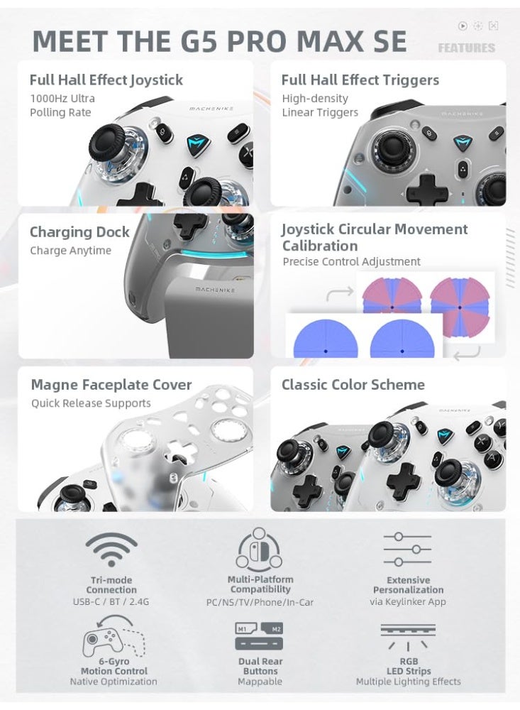 Machenike G5PRO Max SE 1000HZ Wireless Gaming Controller for NS/PC/iOS/Android with Charging Dock,PC Controller Hall Effect Joystick/Triggers/Gyroscope,RGB Backlight - Image 2