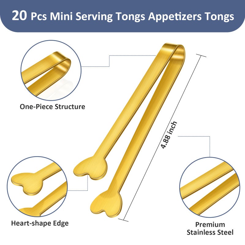 Lazycorner 20-Packs Mini Serving Tongs, Stainless Steel Small Appetizers Tongs, Metal Kitchen Tongs, Ice Sugar Tongs for Serving Food (5inchï¼ŒGold) - Image 3