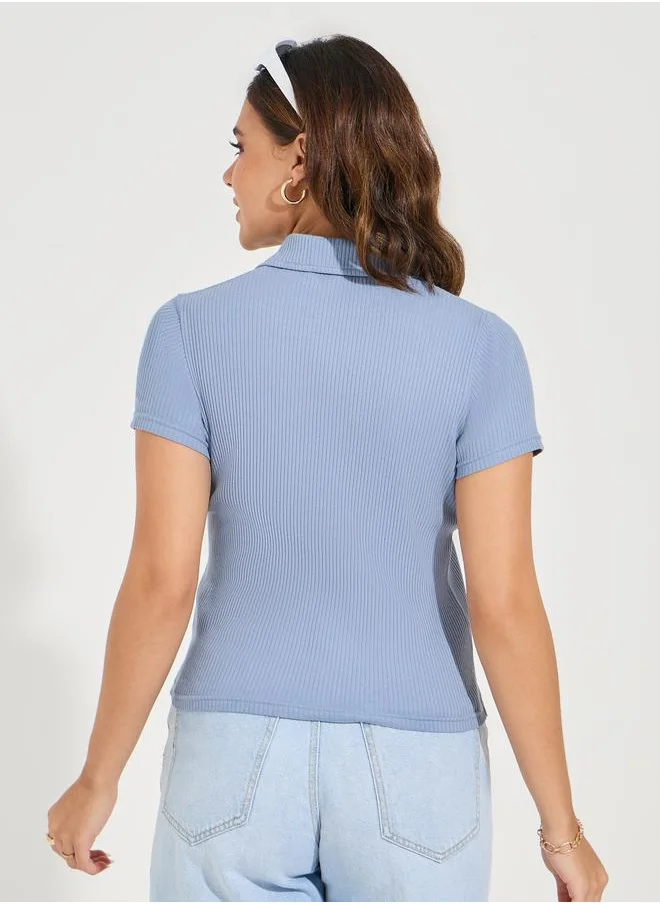 Styli Regular Fit Ribbed Polo T-Shirt with Side Slit