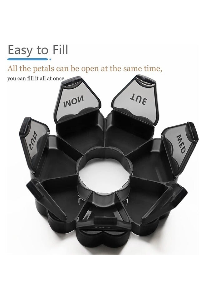 Flower Shape Weekly 7 Day Large Pill Organizer, Circle PP Material Portable Pill Dispenser Box Case, Gummy Medication Store Container(Black) - Image 4