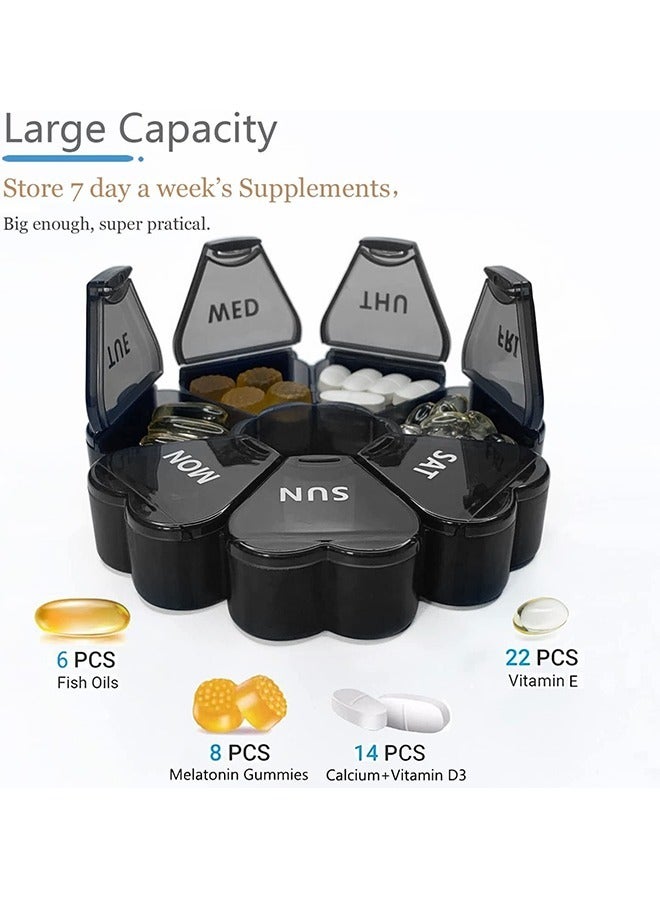 Flower Shape Weekly 7 Day Large Pill Organizer, Circle PP Material Portable Pill Dispenser Box Case, Gummy Medication Store Container(Black) - Image 5