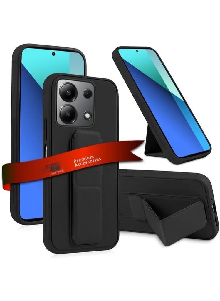 Muzz Back Stand Case For Xiaomi Redmi 15C, Magnetic Car Holder Soft Silicone Horizontal & Vertical Kickstand Cover Wrist Strap Full protection Anti Fingerprint Case For Redmi 15C 4G (Black)
