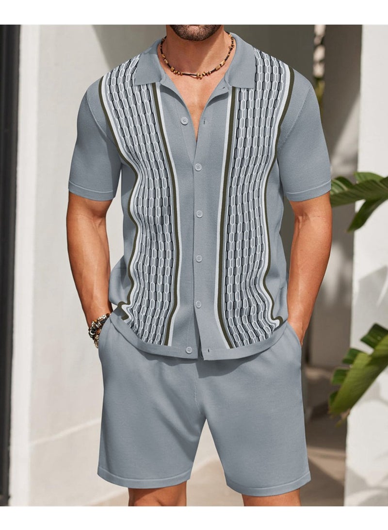 Summer Men's Cool Silk Jacquard Two-piece Knitted Sweater Casual Polo Shirt Fashion Suit - Image 2