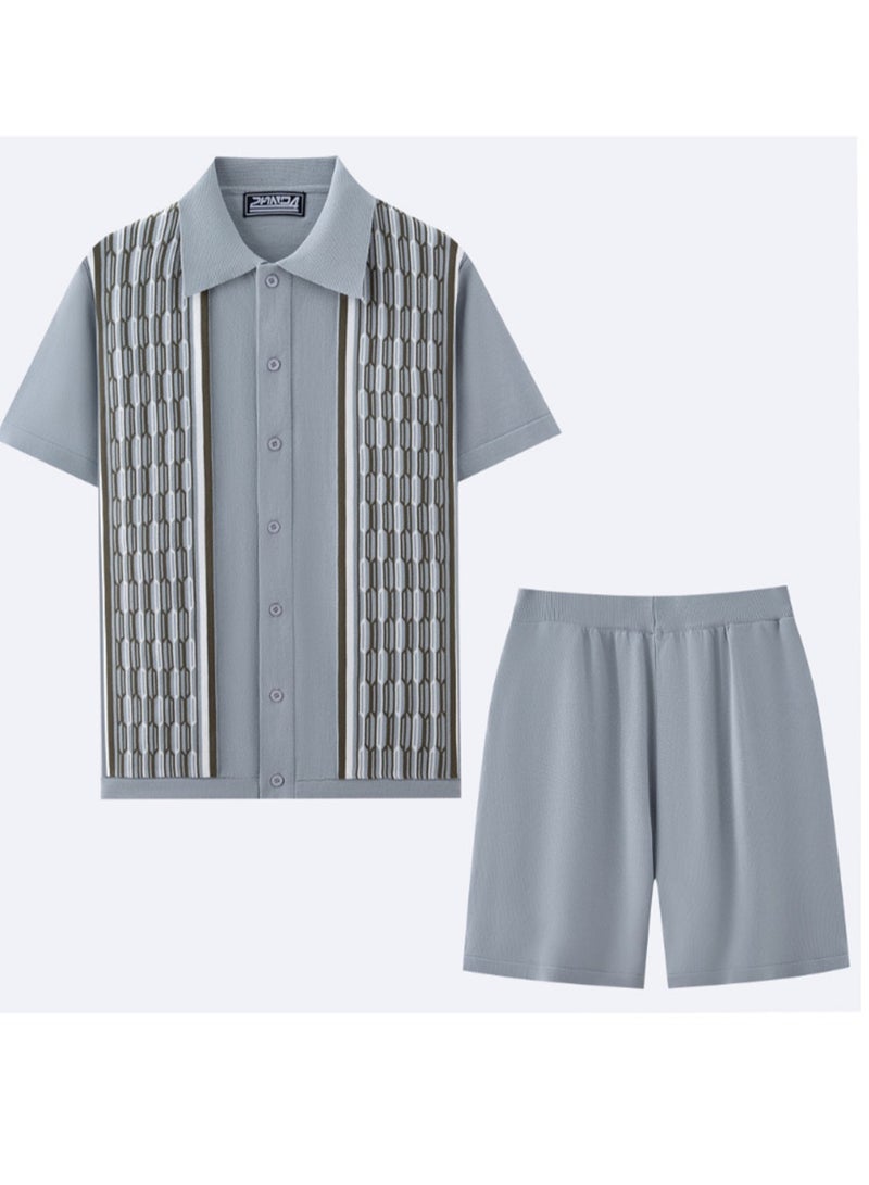 Summer Men's Cool Silk Jacquard Two-piece Knitted Sweater Casual Polo Shirt Fashion Suit - Image 3