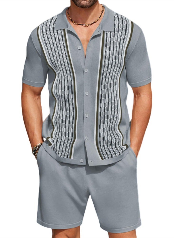 Summer Men's Cool Silk Jacquard Two-piece Knitted Sweater Casual Polo Shirt Fashion Suit - Image 1