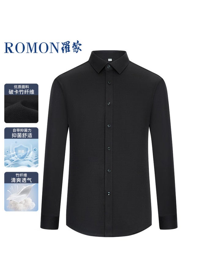 Romon Men's Long Sleeve White Shirt Bamboo Fiber High-end Wrinkle-resistant Business Formal Dress Shirt Black Size 45