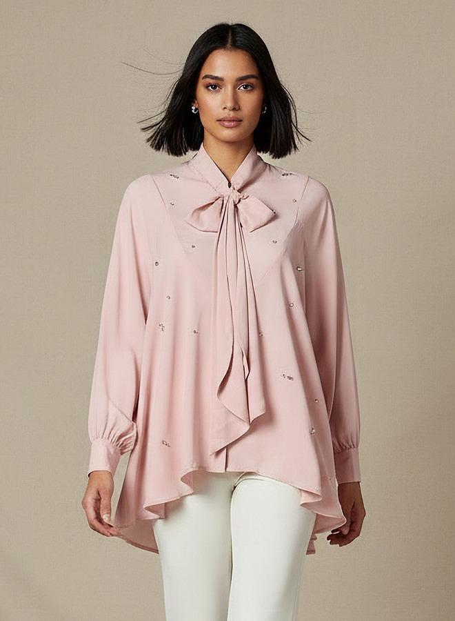 Iconic Regular Fit Pussy Bow Neck Top with Embellishment - Image 1